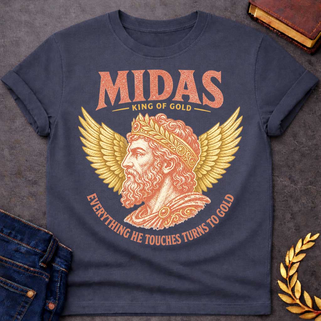 Dark Heather t-shirt with a Vintage King Midas Greek mythology design featuring a regal bearded portrait wearing an ornate golden crown, framed by large gold wings. Distressed terracotta and gold artwork includes the text “Midas,” “King of Gold,” and “Everything He Touches Turns to Gold,” inspired by the legendary Midas touch.