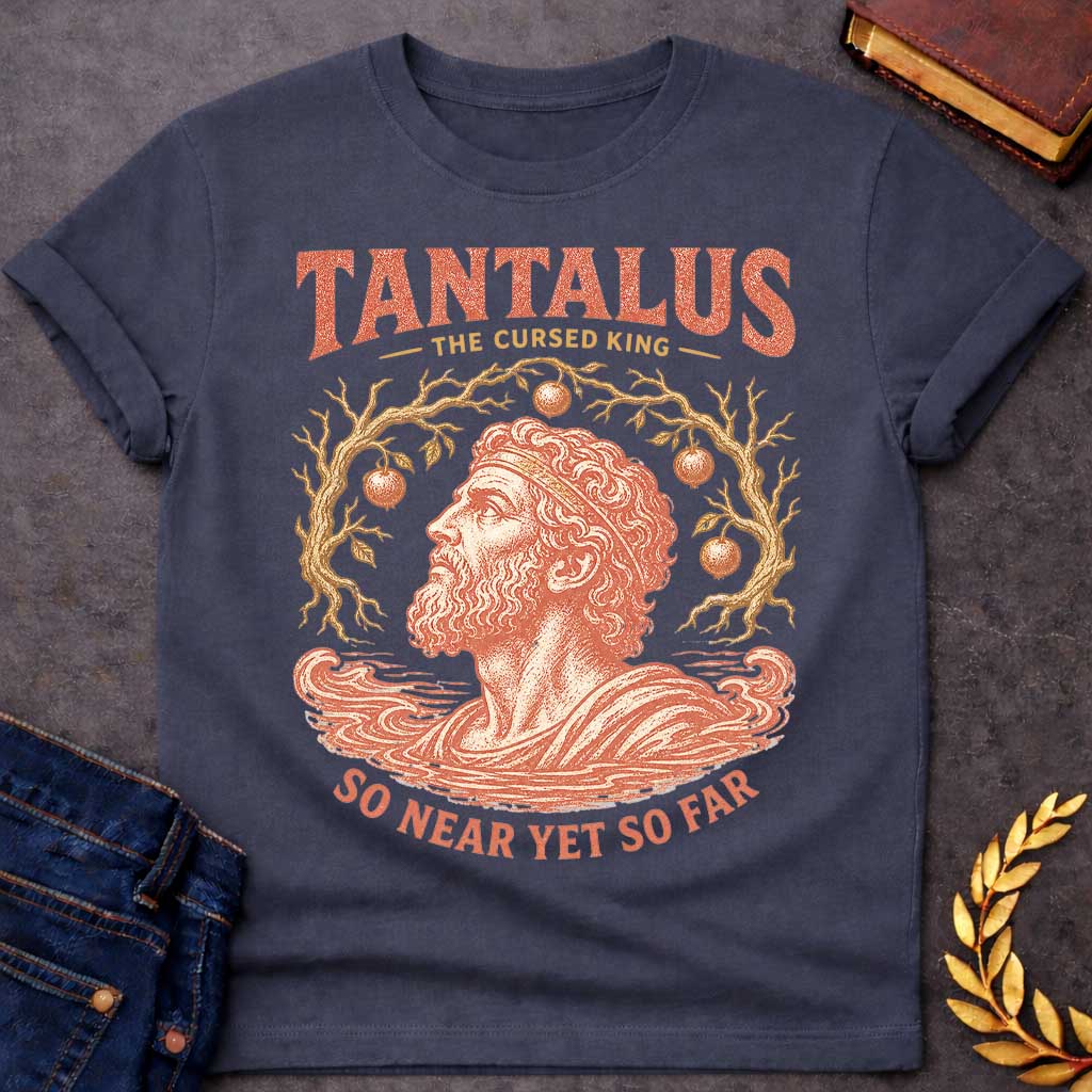 Dark Heather t-shirt with a Vintage Tantalus Greek mythology design featuring the cursed king surrounded by unreachable fruit trees and rising water. Distressed terracotta and gold artwork includes the text “Tantalus,” “The Cursed King,” and “So Near Yet So Far,” representing his eternal punishment of endless hunger, thirst, and temptation.