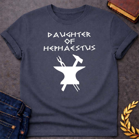 Daughter of Hephaestus Greek Mythology Adult T-Shirt featuring blacksmith hammer, forge sparks, fire god symbolism in industrial mythology design