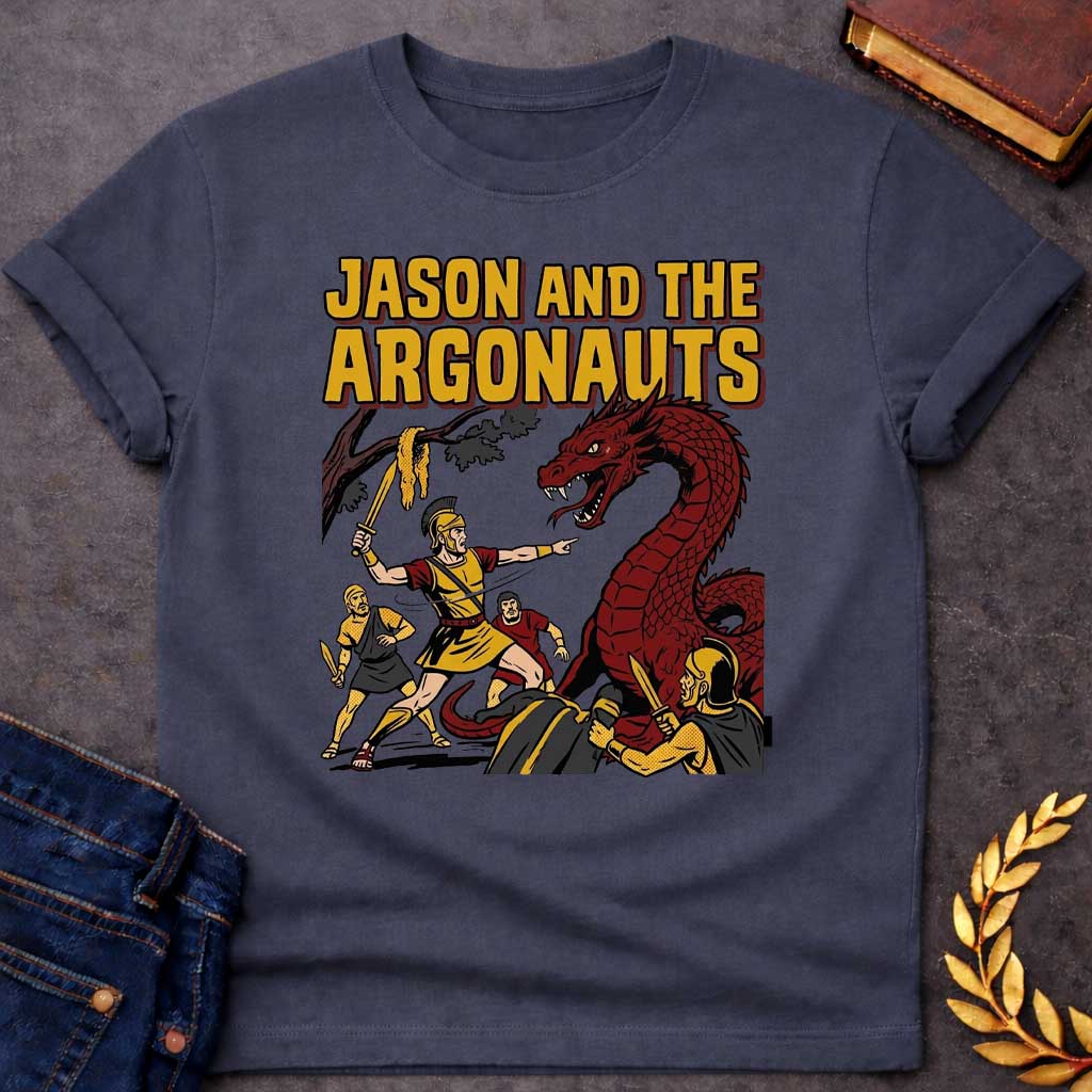 Dark Heather T-shirt with A retro comic book style t-shirt design.  Bold yellow pop-art text at the top reads "JASON AND THE ARGONAUTS". Below, a Greek warrior in armor raises a sword near the Golden Fleece hanging from a tree branch, pointing toward a giant, snarling red dragon. Three fellow Argonauts surround the beast with swords drawn, featuring classic comic ben-day dot shading and thick black outlines