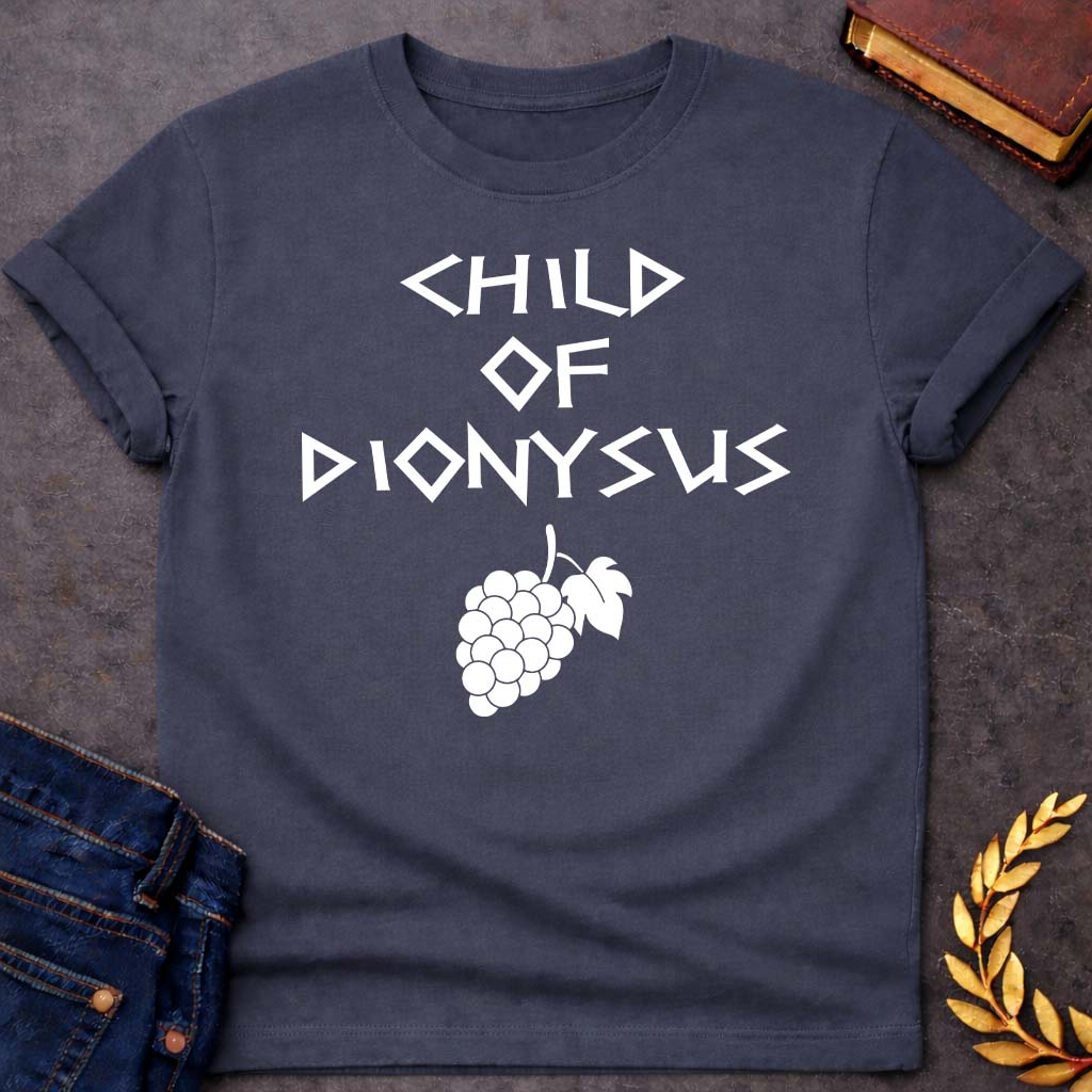 Child of Dionysus Greek Mythology Adult T-Shirt featuring detailed Greek mythology artwork, symbolic design, and bold graphic style