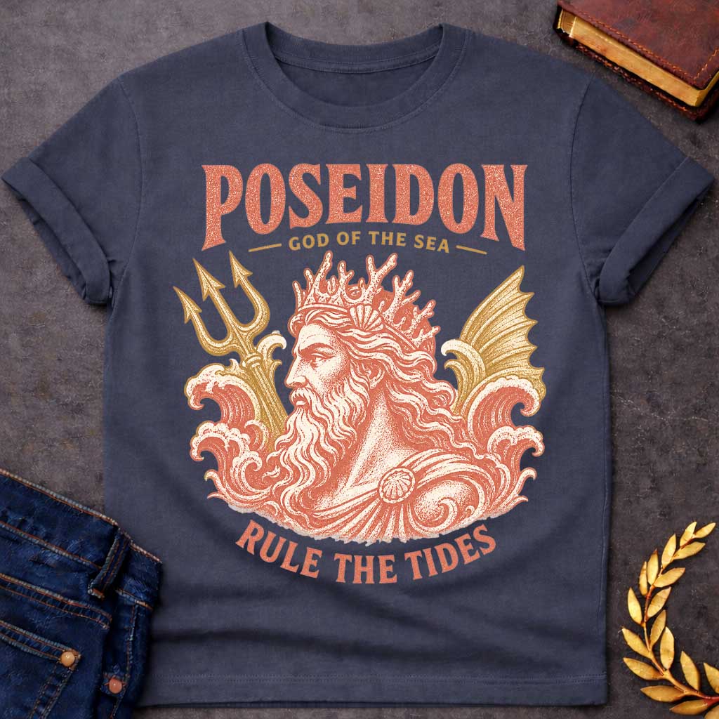 Dark Heather t-shirt with a Vintage Poseidon Greek mythology design featuring the powerful god of the sea with a flowing beard, coral crown, trident, and crashing ocean waves. Distressed terracotta and gold artwork includes the bold text “Poseidon,” “God of the Sea,” and “Rule the Tides,” creating a classic ancient Greek inspired nautical design.