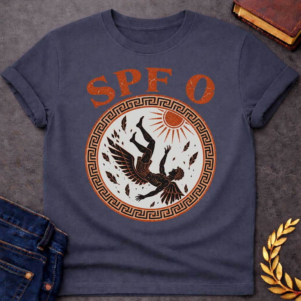 Dark Heather t-shirt with a distressed ancient Greek pottery-style graphic.  Inside a circular terracotta frame with a black meander key border, a black-figure illustration depicts Icarus falling from the sky as feathers detach from his wings below a shining terracotta sun. Arched above the circular emblem, bold, distressed orange text humorously reads "SPF 0".