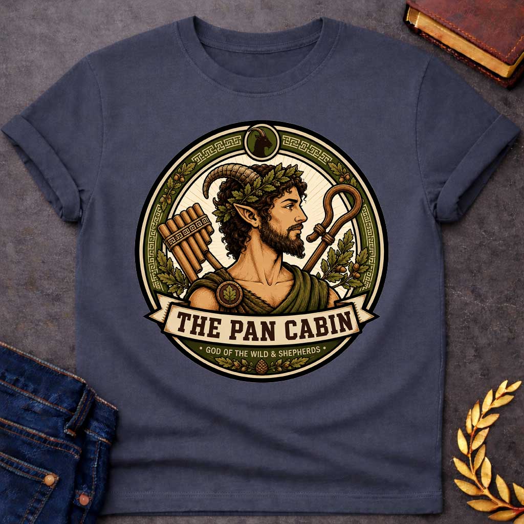Dark Heather t-shirt with a Pan Greek mythology cabin design featuring the god of the wild and shepherds with curved goat horns, pointed ears, leafy crown, and rustic robes. Surrounded by panpipes, a shepherd’s crook, oak leaves, acorns, and Greek key details in an earthy green and gold circular emblem. Text reads “The Pan Cabin” and “God of the Wild & Shepherds,”