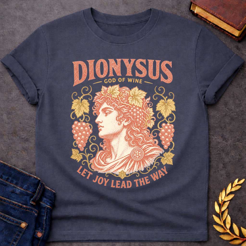 Dark Heather t-shirt with a Vintage Greek mythology design featuring Dionysus, god of wine, wearing a crown of grape leaves and fruit. Ornate grapevines frame the classical portrait in distressed coral and gold, with the text “Dionysus God of Wine” and “Let Joy Lead the Way,” celebrating wine, revelry, and joy.