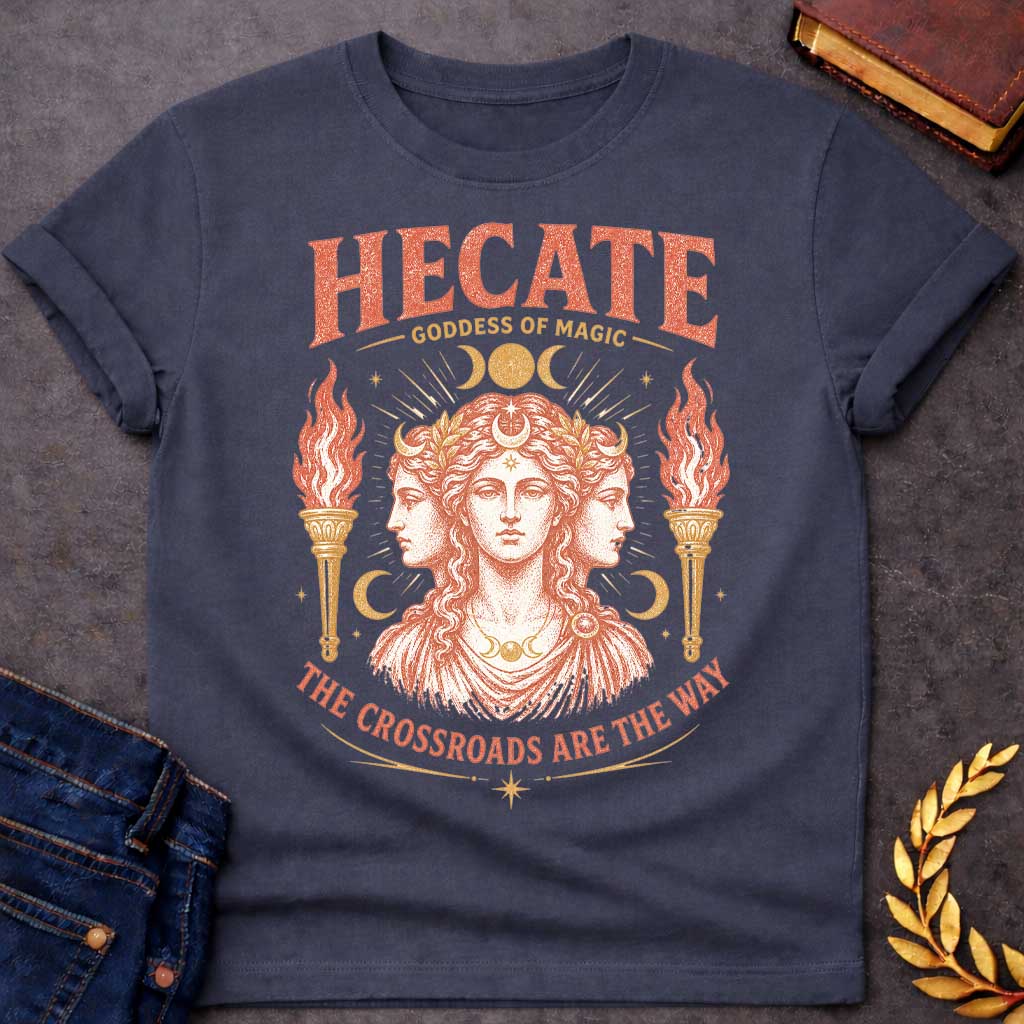 Dark Heather t-shirt with a Vintage Hecate Greek mythology shirt featuring the triple-formed Goddess of Magic surrounded by crescent moons, stars, radiant celestial details, and flaming torches. Distressed coral and gold artwork includes the bold text “Hecate Goddess of Magic” and “The Crossroads Are the Way,” inspired by her connection to magic and crossroads.