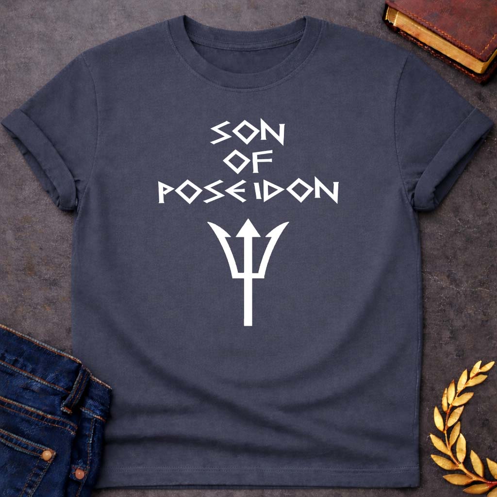 Son of Poseidon Greek Mythology Adult T-Shirt featuring trident, ocean waves, sea god symbolism in Greek mythology design