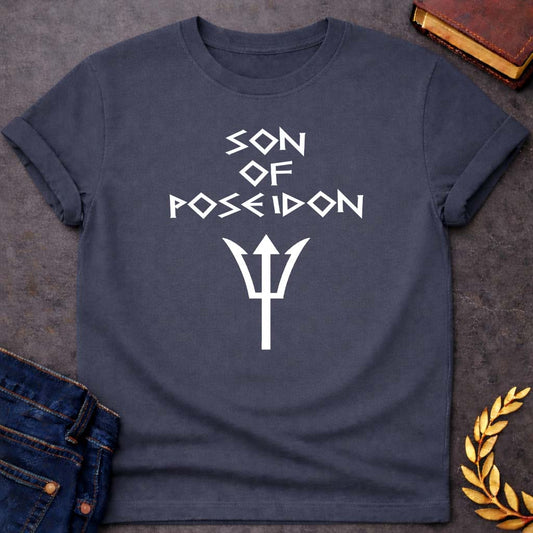 Son of Poseidon Greek Mythology Adult T-Shirt featuring trident, ocean waves, sea god symbolism in Greek mythology design