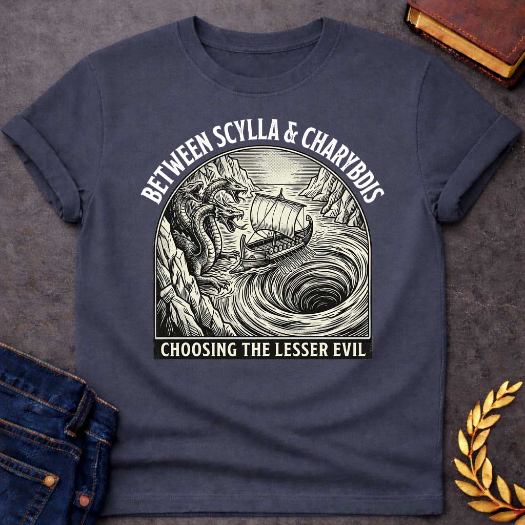 Dark Heather t-shirt in a vintage woodcut-style, Inside an arched badge, an ancient Greek ship sails narrowly between a multi-headed sea monster on rocky cliffs and a massive, swirling whirlpool. Bold arched text above reads "BETWEEN SCYLLA & CHARYBDIS", while a banner along the bottom displays the phrase "CHOOSING THE LESSER EVIL" in a clean, sans-serif font.
