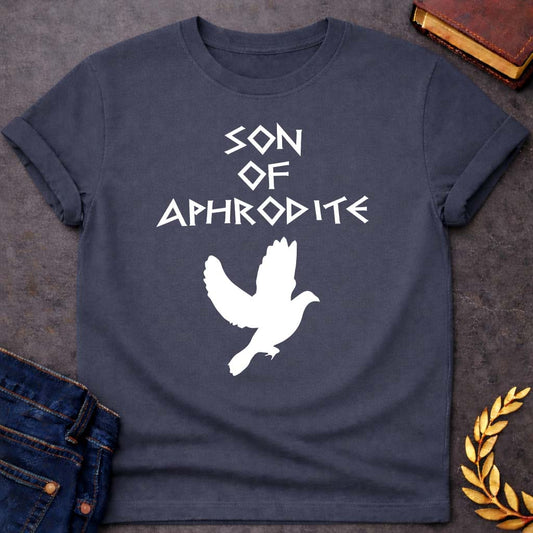 son of aphrodite greek mythology unisex softstyle adult t shirt featuring detailed Greek mythology artwork, symbolic design, and bold graphic style