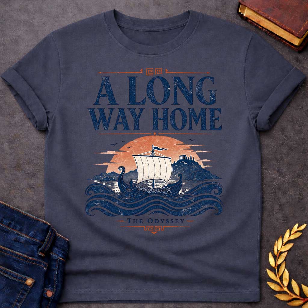 Dark Heather t-shirt with a Vintage Greek mythology design inspired by The Odyssey, featuring an ancient Greek sailing ship crossing rolling blue waves toward a distant island and temple beneath a warm sunset. Bold distressed text reads "A Long Way Home" with "The Odyssey" below, capturing Odysseus' legendary journey back to Ithaca..
