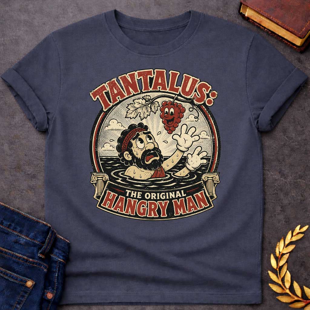 Dark Heather t-shirt with A vintage 1930s rubber-hose cartoon-style graphic. Inside a circular badge flanked by Greek columns, a distressed Tantalus stands in water reaching desperately toward a smiling cartoon grape cluster dangling above him. Arched text across the top reads "TANTALUS:" while a bottom banner features "THE ORIGINAL HANGRY MAN" in a distressed red and cream color palette.