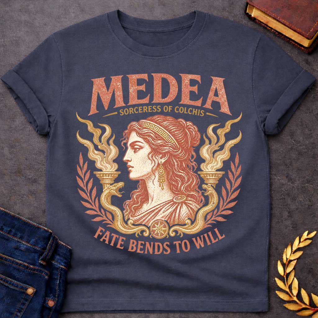 Dark Heather t-shirt with a Vintage Medea Greek mythology design featuring the Sorceress of Colchis in an elegant classical portrait, framed by mystical flames, serpents, and laurel branches. Distressed terracotta and gold artwork includes bold text reading “Medea,” “Sorceress of Colchis,” and “Fate Bends to Will,” creating a dramatic ancient Greek aesthetic.