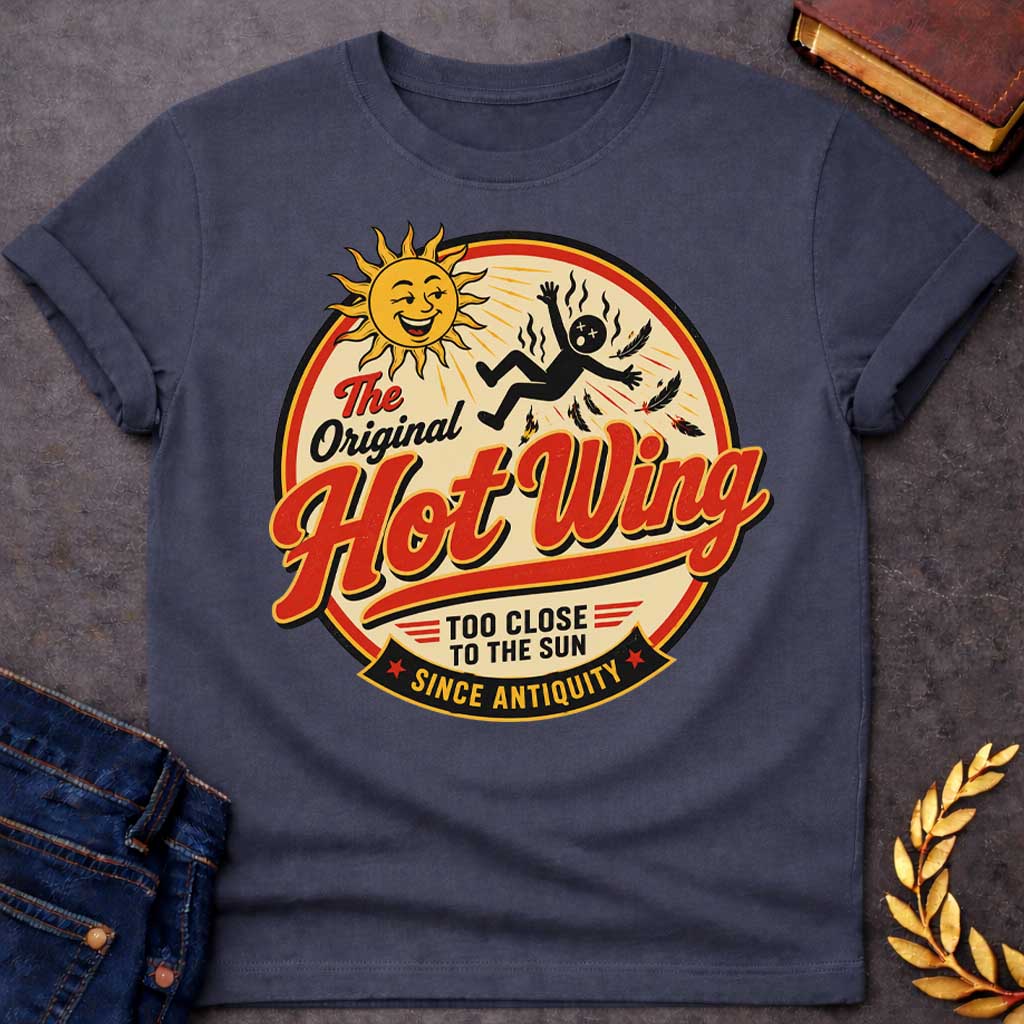 Dark Heather t-shirt with a retro diner-style graphic. Inside a circular badge, a smiling sun character beams as a black stick-figure of Icarus falls with burning feathers. Bold red script text across the center reads "The Original Hot Wing", flanked by additional text reading "TOO CLOSE TO THE SUN" and a bottom banner that reads "SINCE ANTIQUITY" in a vintage food-brand aesthetic.