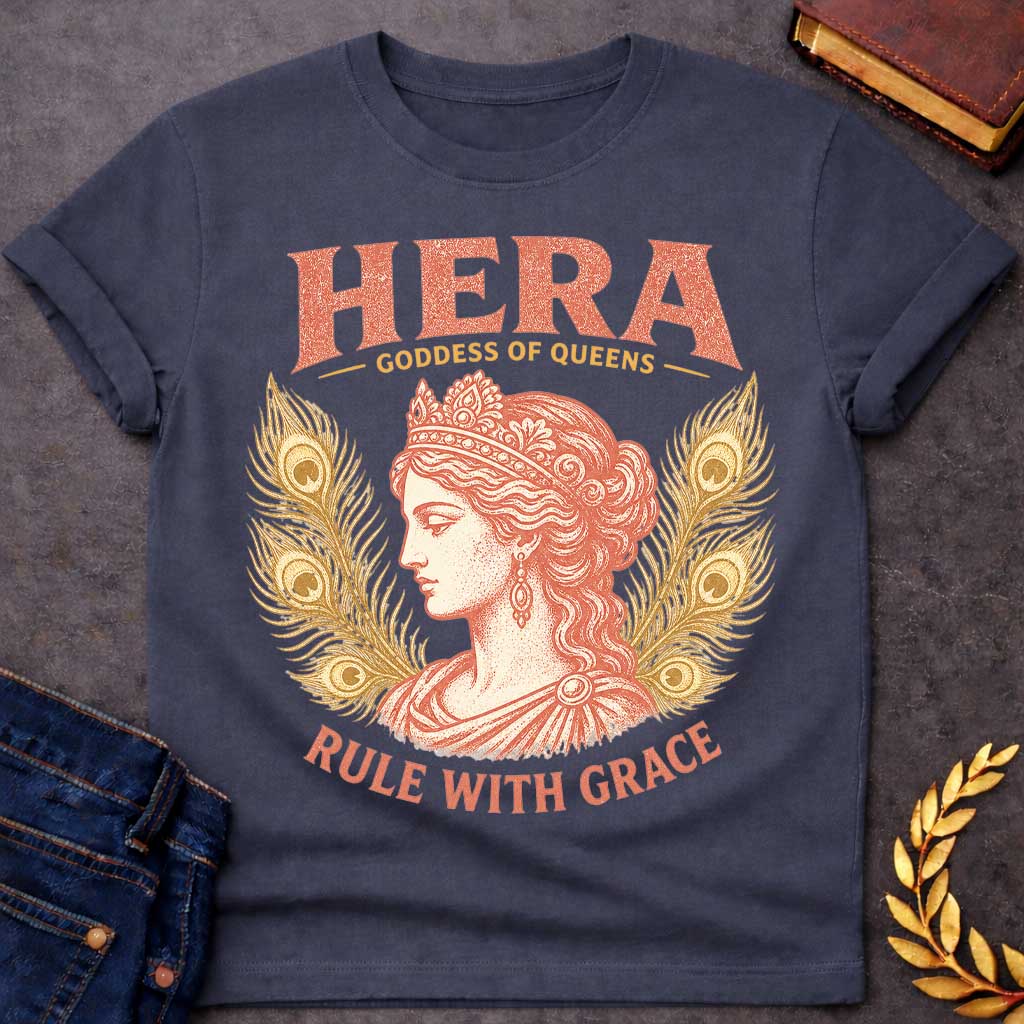 Dark Heather t-shirt with a Vintage Hera Greek mythology design featuring the Goddess of Queens in profile wearing an ornate jeweled crown and elegant classical robes. Golden peacock feathers frame her portrait, symbolizing Hera’s sacred bird and royal status. Distressed coral and gold artwork includes the bold text “Hera Goddess of Queens” and “Rule With Grace.”