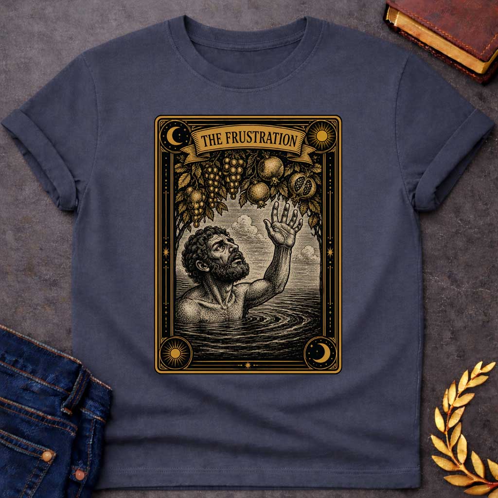 Dark Heather t-shirt with A detailed tarot card-style illustration. Set within an ornate black and gold border featuring sun and moon corner emblems, a bearded man in rippling water reaches one hand up toward hanging branches overflowing with grapes and pomegranates. A ribbon banner across the top of the card displays the title "THE FRUSTRATION" in a bold serif typeface.