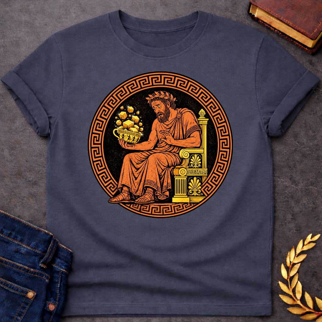 Dark Heather t-shirt with A Vintage Greek pottery-inspired design featuring King Midas seated on an ornate throne, looking anxiously at a golden cup overflowing with sparkling gold bars. Framed by a classic Greek key border, the artwork uses traditional terracotta, black, and gold colors to depict the legendary king's cursed golden touch in an ancient Greek vase painting style.