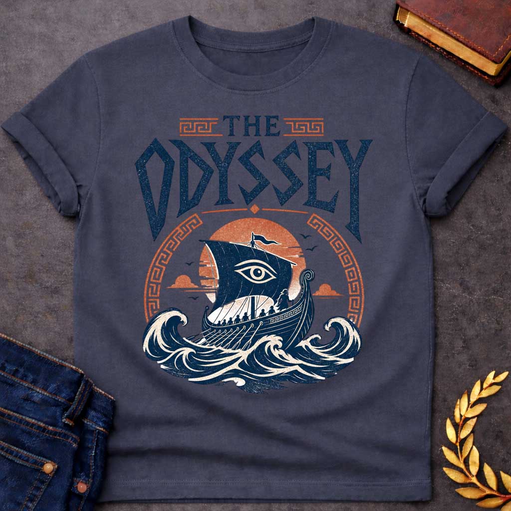 Dark Heather t-shirt with a Vintage Greek mythology design inspired by The Odyssey, featuring Odysseus and his crew sailing an ancient Greek ship across powerful ocean waves. A watchful eye decorates the sail, framed by a setting sun and Greek key motifs. Bold distressed lettering reads "The Odyssey," capturing the legendary voyage, adventure, and trials of Odysseus.