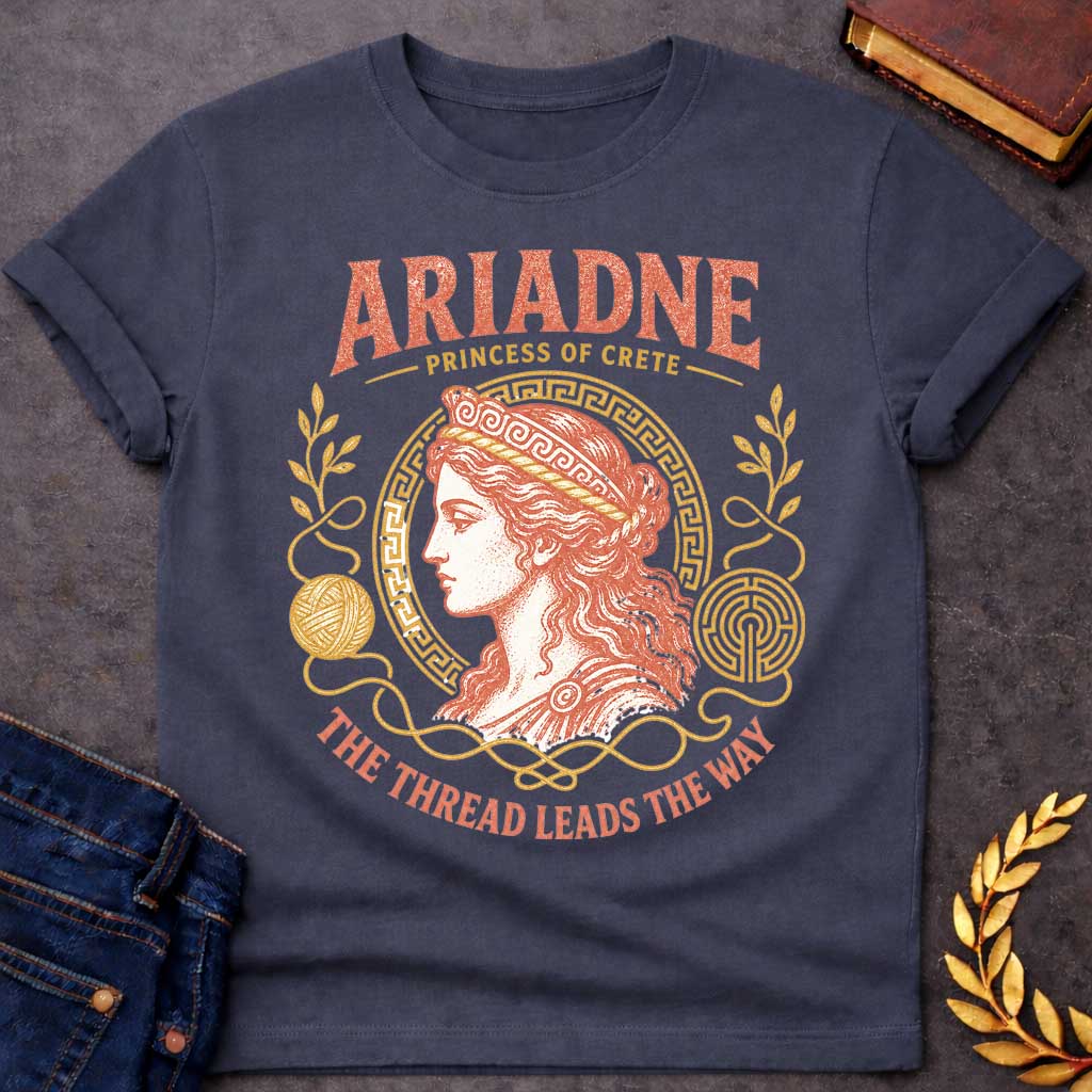 Dark Heather t-shirt with a Vintage Greek mythology design featuring Ariadne, Princess of Crete, in a classical portrait framed by a Greek key border, golden thread, yarn, laurel branches, and a labyrinth. Warm coral and gold engraving-style artwork is paired with the phrase "The Thread Leads the Way," inspired by Ariadne's role in helping Theseus escape the Minotaur's labyrinth.