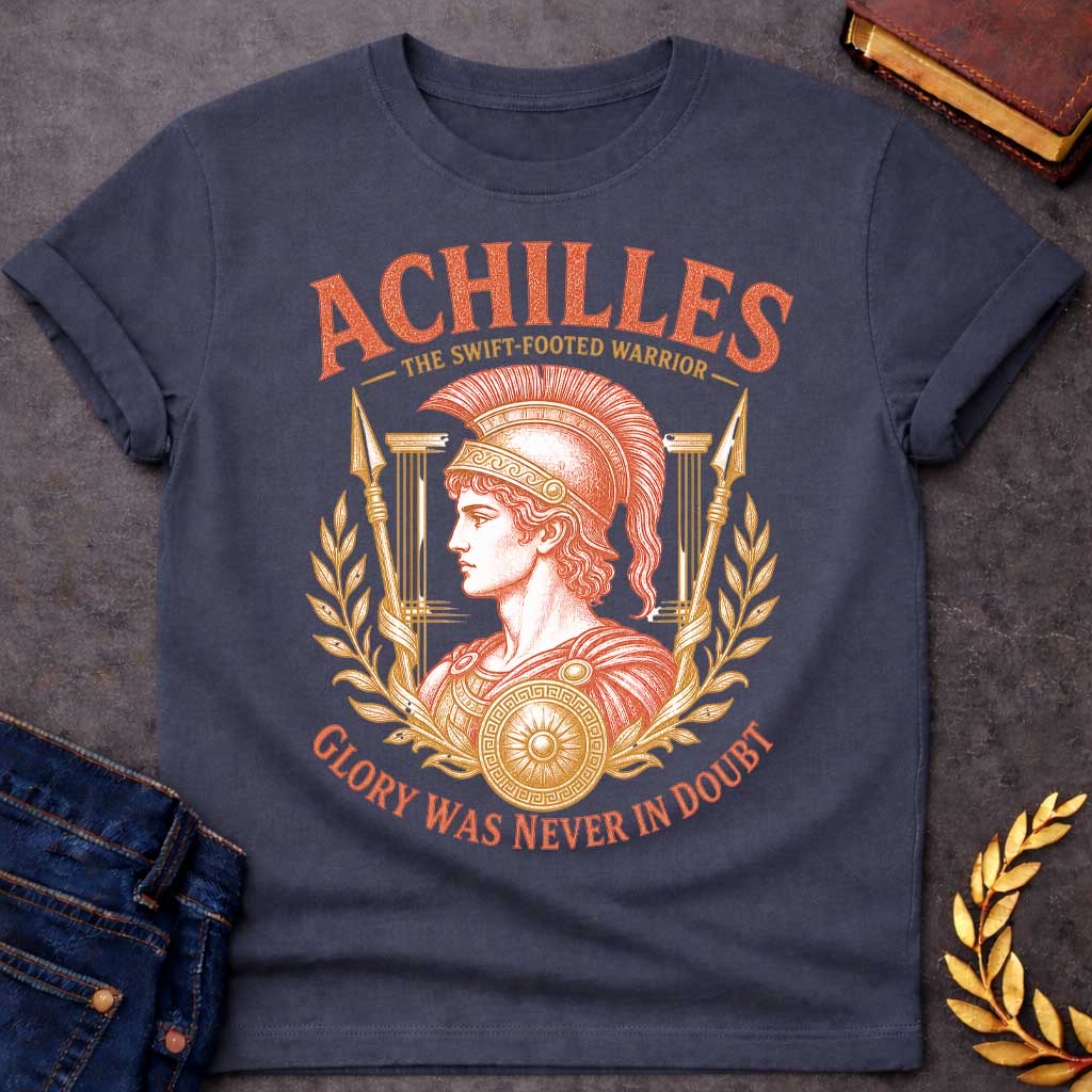 Dark Heather t-shirt with a Vintage Greek mythology design featuring Achilles in a detailed warrior helmet and armor, framed by laurel branches, spears, Greek columns, and a decorated shield. Bold text reads "Achilles – The Swift-Footed Warrior" and "Glory Was Never in Doubt." The orange and gold engraving-style artwork celebrates the legendary hero of the Trojan War.