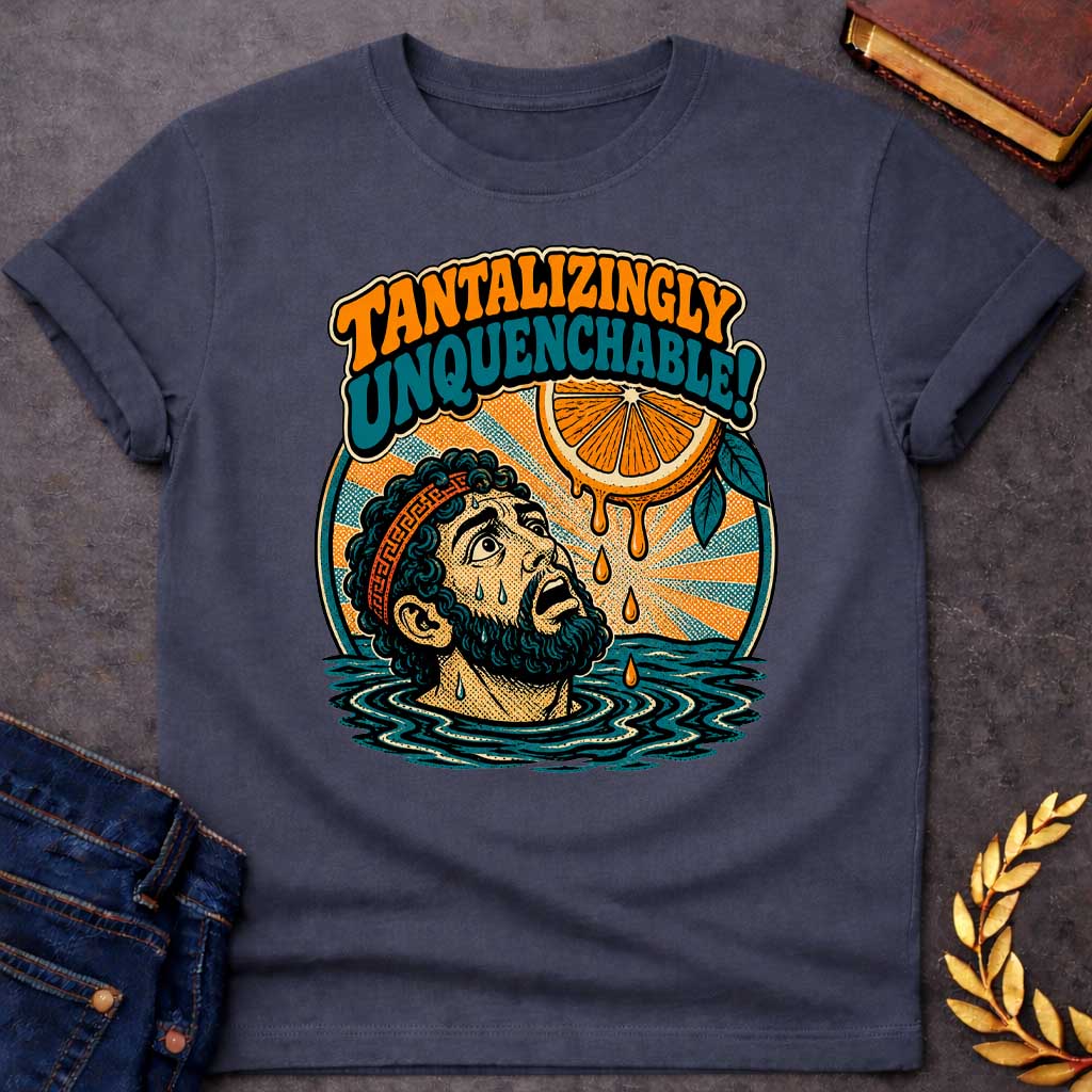Dark Heather t-shirt with a retro pop-art design inspired by the myth of Tantalus. Inside a circular badge with a sunburst background, a sweating Greek man submerged to his neck in water looks up in desperation at a juicy orange slice dangling just out of reach with dripping juice droplets. Playful 70s-style bubble lettering arched above reads "TANTALIZINGLY UNQUENCHABLE!" in bold orange and teal fonts.