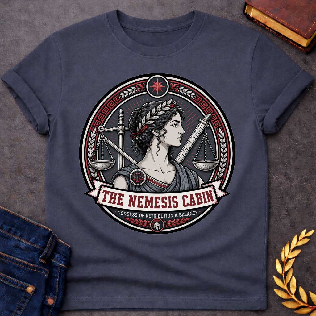 Dark Heather Nemesis Greek mythology cabin design featuring the goddess of retribution and balance in a detailed circular emblem. She wears a laurel crown and is surrounded by balanced scales, a sword, measuring rod, Greek key patterns, and red accents. Text reads “The Nemesis Cabin” and “Goddess of Retribution & Balance,”