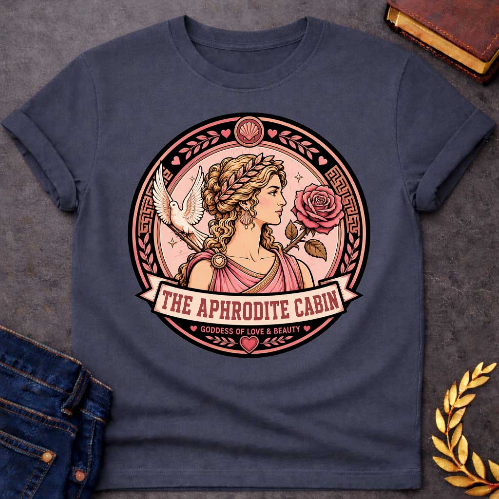 Dark Heather t-shirt with a Aphrodite Greek mythology cabin design featuring the goddess of love and beauty in a pink robe and laurel crown, surrounded by a rose, white dove, hearts, seashells, and Greek key details. Circular pink and black emblem includes the text “The Aphrodite Cabin” and “Goddess of Love & Beauty,”