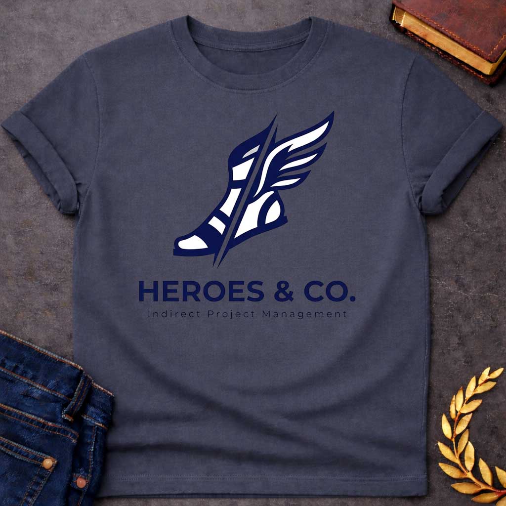Dark Heather t-shirt with a a bold, angular illustration of a winged sandal (Hermes-style) sliced diagonally by a sharp line, above the company name in large capital letters, with the tagline "Indirect Project Management" below in smaller spaced-out lettering.