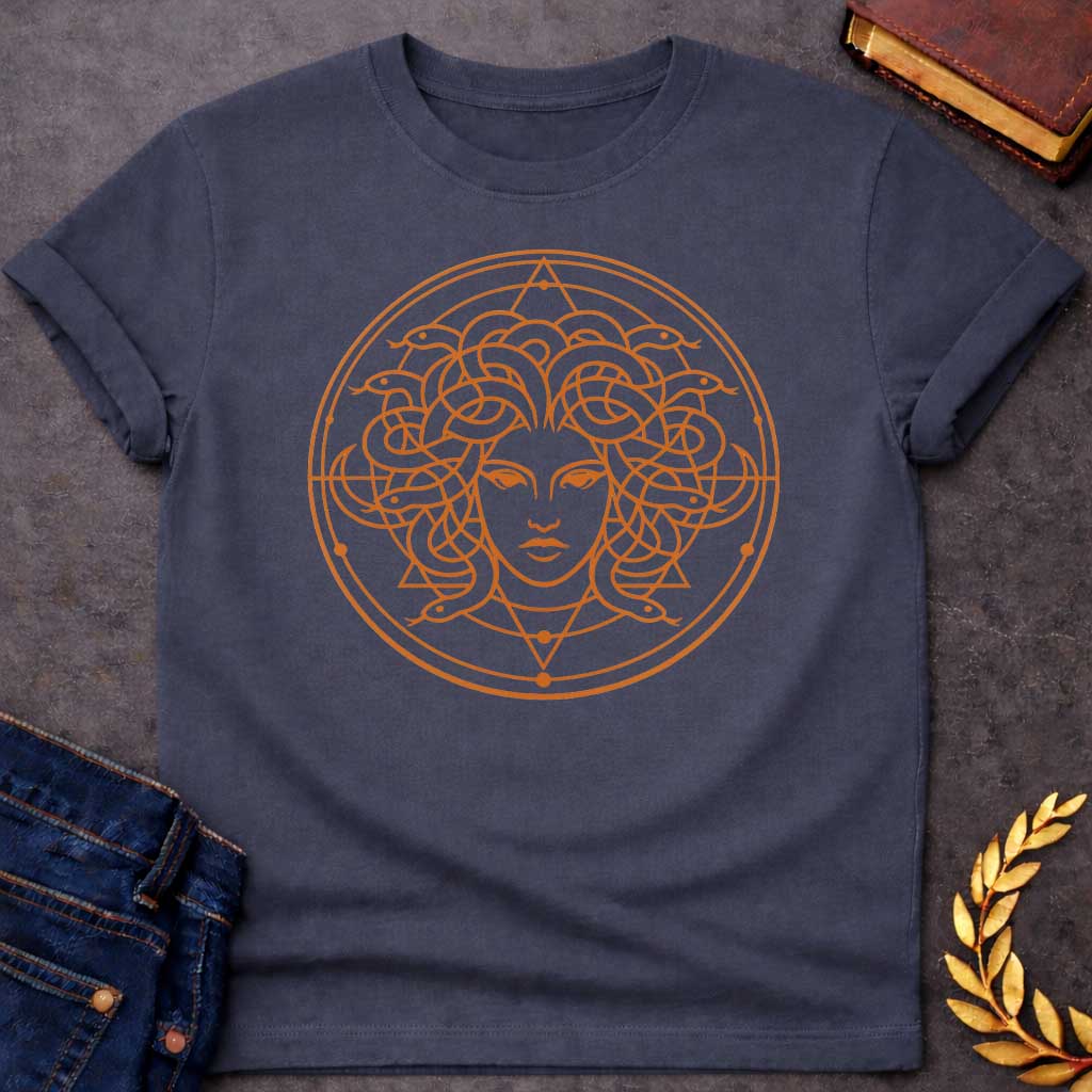 medusa minimalist style greek mythology adult shirt featuring detailed Greek mythology artwork, symbolic design, and bold graphic style