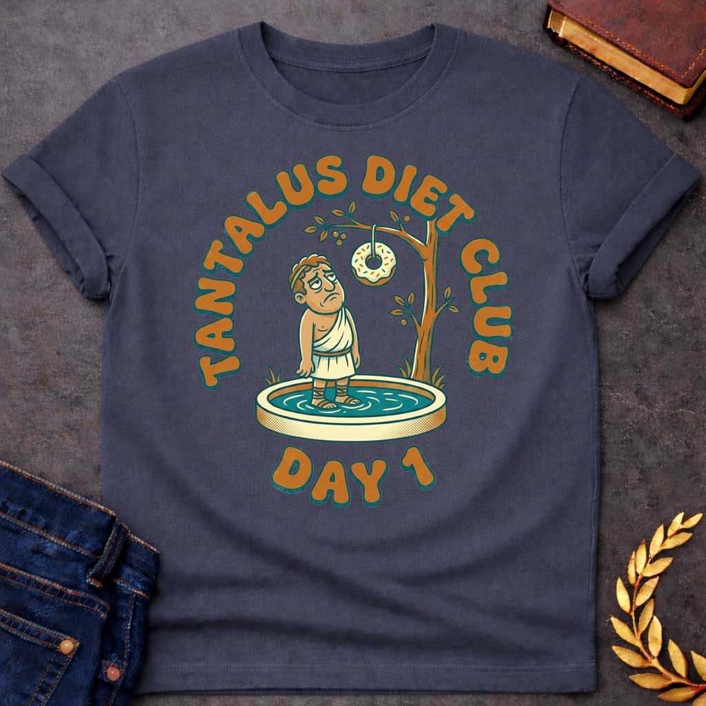 Dark Heather t-shirt with A cartoon illustration, Standing in a small shallow pool next to a tree, a sad Greek man in a toga gazes glumly at a frosted donut with sprinkles dangling just out of reach from a branch. Chunky, retro orange and teal text arches over the graphic reading "TANTALUS DIET CLUB", with "DAY 1" featured prominently at the bottom.