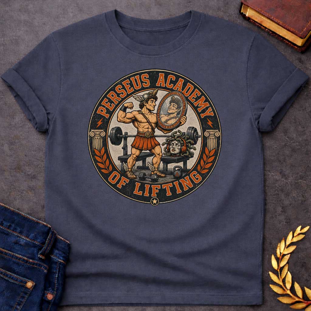 Dark Heather T-shirt in vintage badge style: a winged-helmet Perseus flexes his bicep in a gym, admiring himself in a hand-held mirror, wearing a bronze breastplate, kilt, and winged sandals. Behind him sits a barbell bench, dumbbells, and a kettlebell. Medusa's severed head rests on a bench wearing orange headphones, snake hair coiled. Ionic columns and laurel branches frame the circular black-and-orange design.