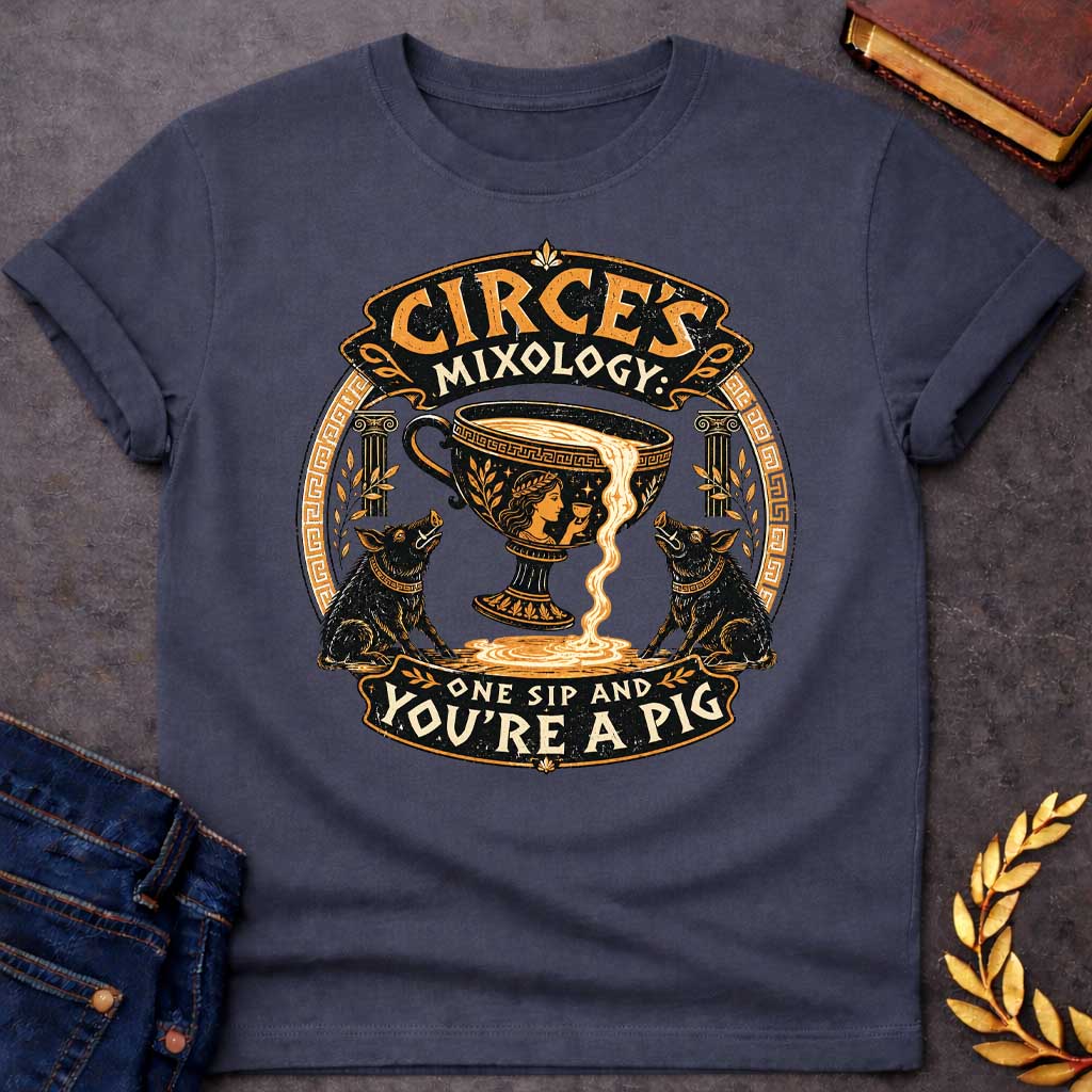 Dark Heather T-shirt with a vintage-style Greek mythology t-shirt design Centered is a large black and gold ancient Greek kylix cup spilling a potion, flanked by two black pigs. At the top, stylized text reads "CIRCE'S MIXOLOGY" in an ornate banner. Below, the warning "ONE SIP AND YOU'RE A PIG" curves along the bottom. The entire circular graphic features a distressed texture with traditional Greek key patterns