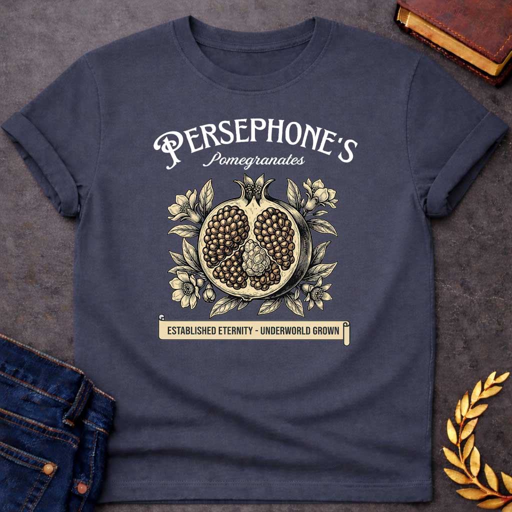 persephone pomegranates greek mythology youth shirt featuring pomegranate, underworld queen symbolism in dark floral mythology design