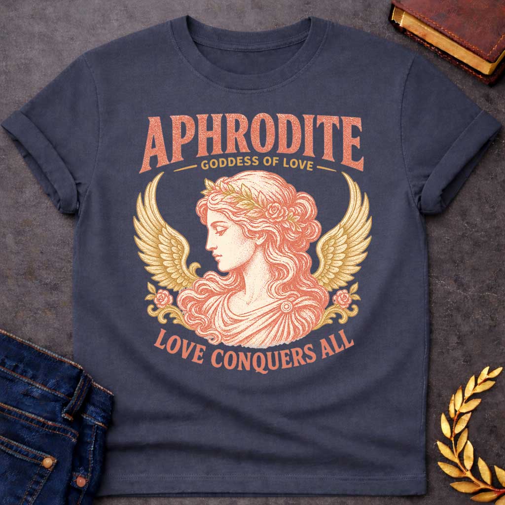 Dark Heather t-shirt with a Vintage Greek mythology design featuring Aphrodite, goddess of love, in an elegant classical portrait framed by golden wings, roses, and floral details. Warm coral and gold engraving-style artwork is paired with bold text reading "Aphrodite – Goddess of Love" and "Love Conquers All."