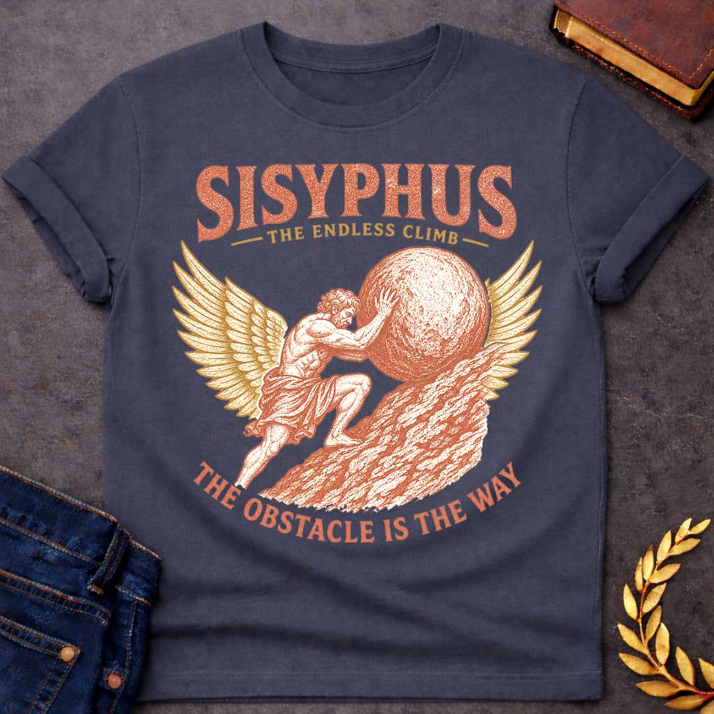 Dark Heather t-shirt with a Vintage Sisyphus Greek mythology design featuring the legendary figure pushing a massive boulder up a steep mountain, framed by golden wings. Distressed terracotta and gold artwork includes the text “Sisyphus,” “The Endless Climb,” and “The Obstacle Is the Way,” symbolizing perseverance, struggle, and determination.
