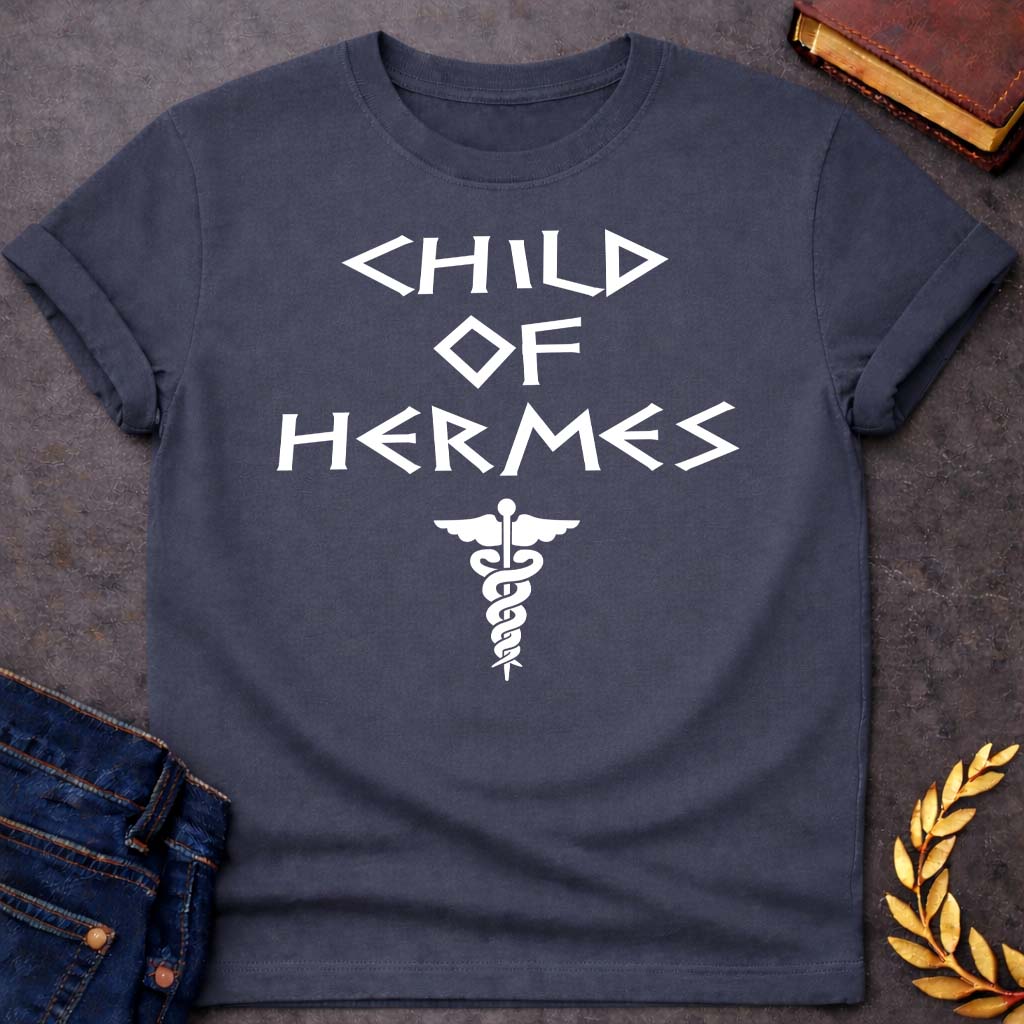 Child of Hermes Greek Mythology Adult T-Shirt featuring detailed Greek mythology artwork, symbolic design, and bold graphic style