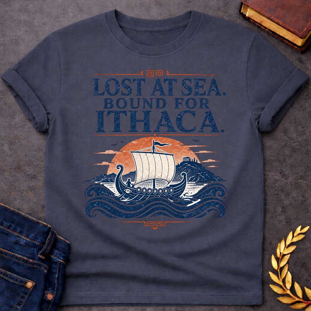 Dark Heather t-shirt with a Vintage Greek mythology design featuring the phrase “Lost at Sea. Bound for Ithaca.” above an ancient Greek sailing ship crossing dark blue waves toward a distant island temple. Distressed navy, orange, and cream artwork evokes The Odyssey and Odysseus’ legendary voyage home to Ithaca.