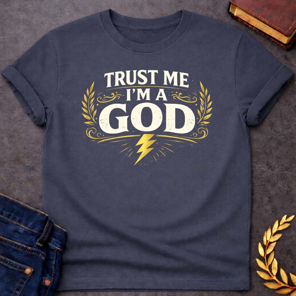zeus trust me im a god greek mythology youth t shirt featuring lightning bolt, sky god power symbolism in bold Greek mythology design