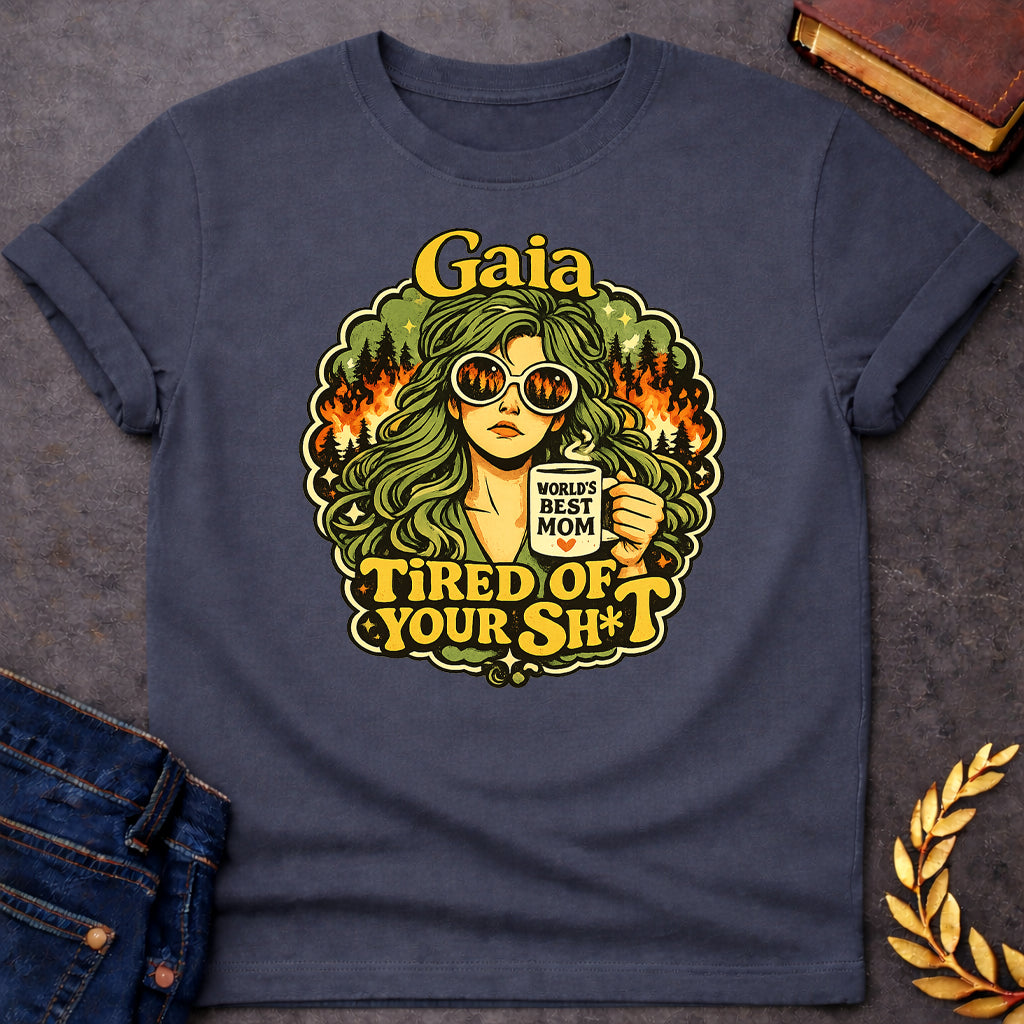 gaia tired of your sh t mythology adult shirt featuring detailed Greek mythology artwork, symbolic design, and bold graphic style