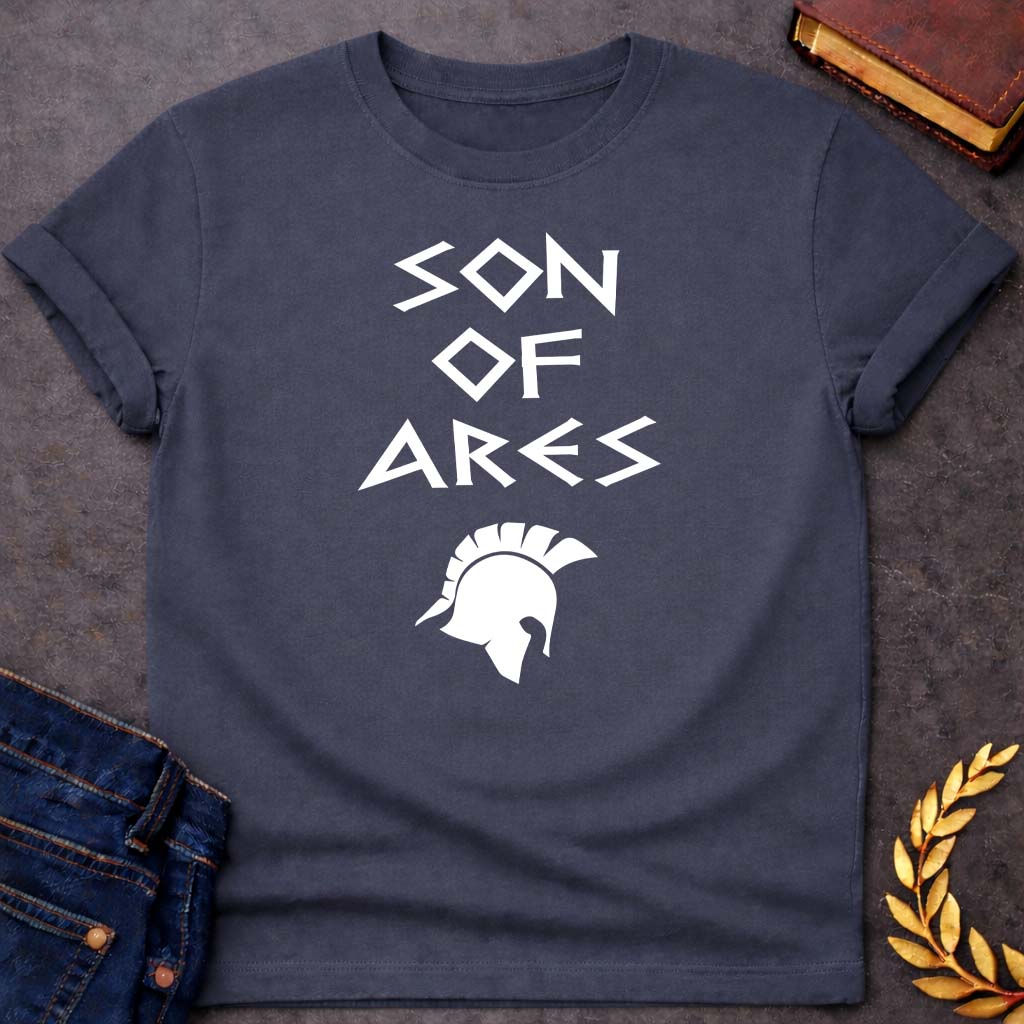 Son of Ares Greek Mythology Adult T-Shirt featuring warrior armor, battle symbolism, god of war Greek mythology design