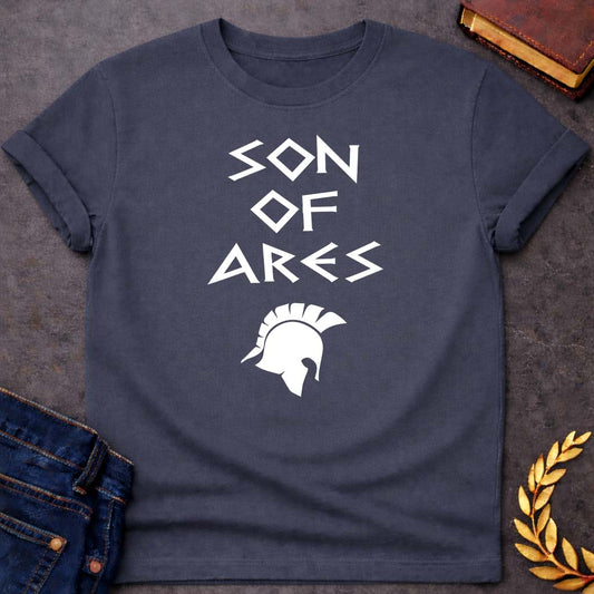 Son of Ares Greek Mythology Adult T-Shirt featuring warrior armor, battle symbolism, god of war Greek mythology design