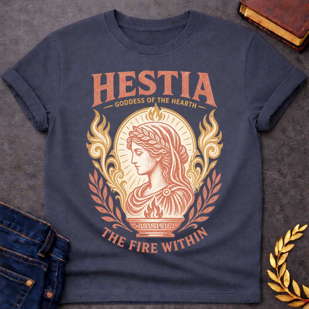 Dark Heather t-shirt with a Vintage Hestia Greek mythology shirt  featuring the Goddess of the Hearth in profile, wearing a laurel crown and classical robes. She is surrounded by sacred flames, ornate scrollwork, leafy branches, and a glowing hearth motif. Distressed coral and gold artwork includes the bold text “Hestia Goddess of the Hearth” and “The Fire Within.”
