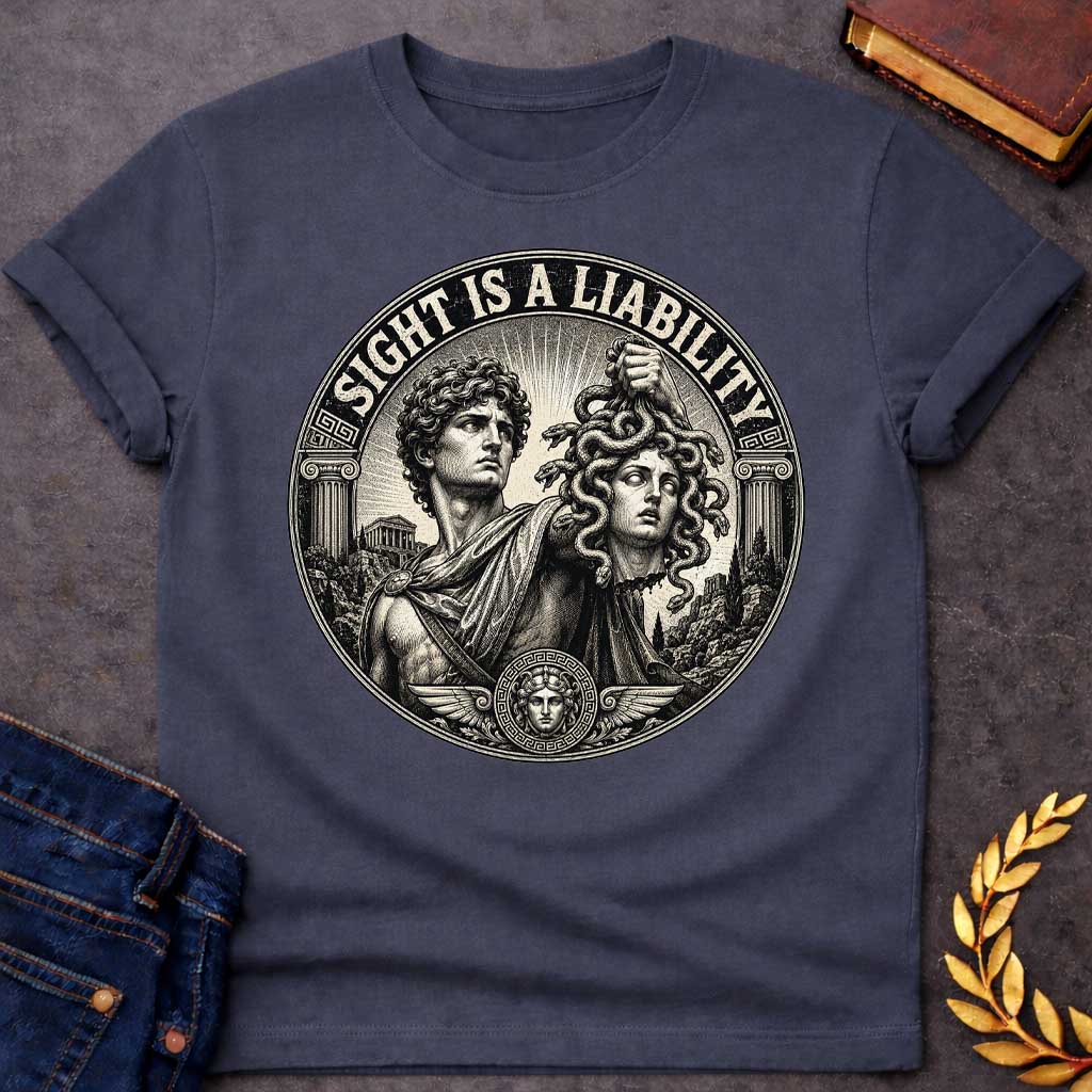 Dark Heather t-shirt in etched engraving style: Perseus, curly-haired and draped in robes, holds Medusa's severed snake-haired head aloft against radiating sunburst rays. Ionic columns, ancient temples, and a small Medusa medallion with wings frame the circular black-and-cream design. Bold arched text reads the title above.