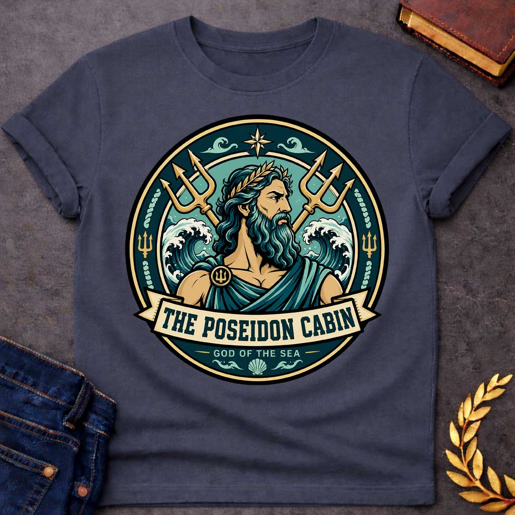 Dark Heather t-shirt with a Poseidon Greek mythology cabin design featuring the bearded god of the sea with a golden laurel crown, crossed tridents, crashing ocean waves, and nautical symbols. Teal, aqua, gold, and black circular camp-style emblem includes the text “The Poseidon Cabin” and “God of the Sea.”
