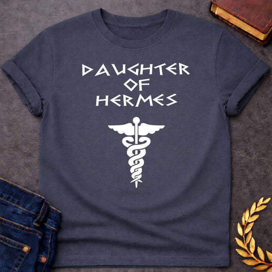 Daughter of Hermes Greek Mythology Adult T-Shirt featuring detailed Greek mythology artwork, symbolic design, and bold graphic style