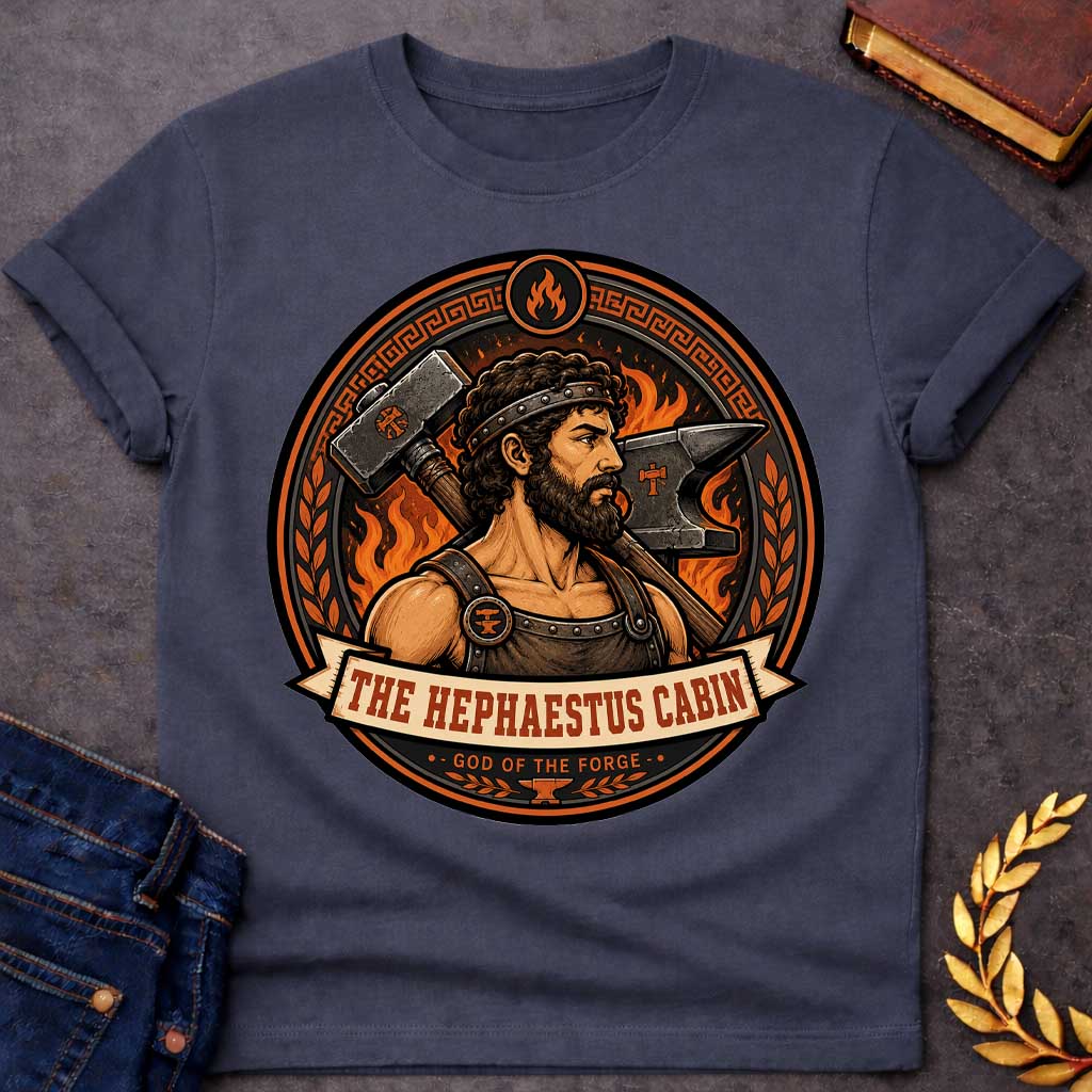 Dark Heather t-shirt with a Hephaestus Greek mythology cabin design featuring the bearded god of the forge carrying a large hammer, with an anvil and blazing flames behind him. Bold orange, black, and bronze circular emblem includes Greek key and laurel details with the text “The Hephaestus Cabin” and “God of the Forge,”