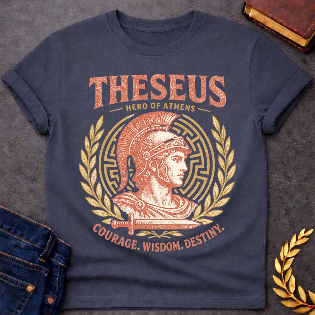Dark Heather t-shirt with a Vintage Theseus Greek mythology shirt design featuring the Hero of Athens in a crested warrior helmet, framed by a Greek labyrinth, golden laurel branches, and a sword. Distressed terracotta and gold artwork includes the text “Theseus,” “Hero of Athens,” and “Courage. Wisdom. Destiny.” inspired by the legendary hero of the Minotaur myth.
