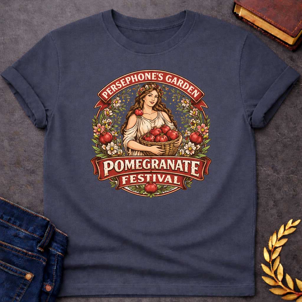 persephone garden greek mythology youth shirt featuring pomegranate, underworld queen symbolism in dark floral mythology design