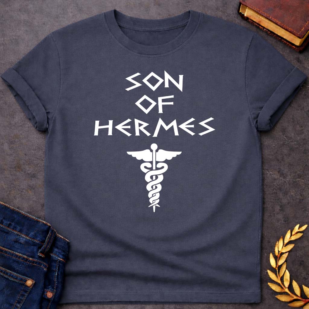 Son of Hermes Greek Mythology Adult T-Shirt featuring detailed Greek mythology artwork, symbolic design, and bold graphic style