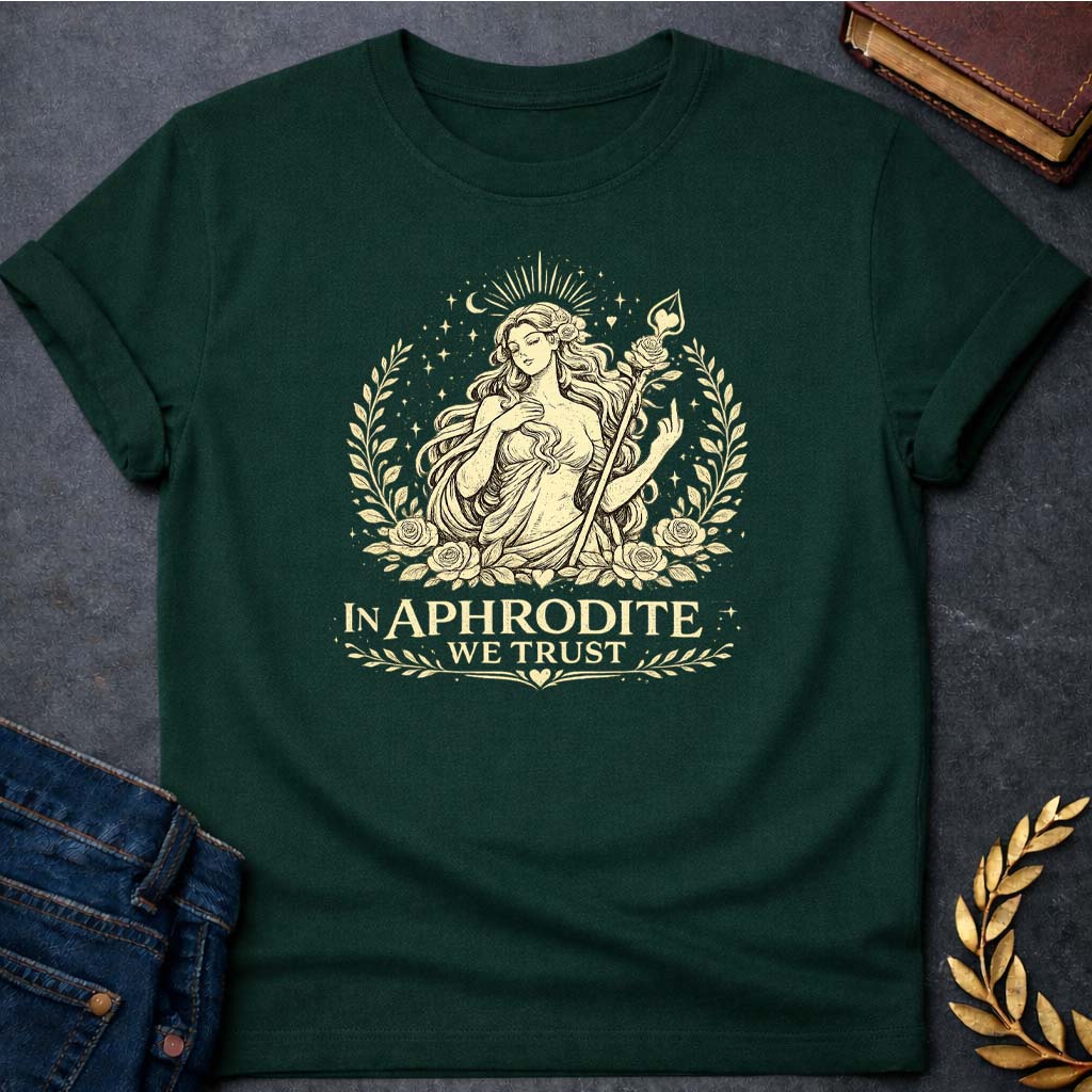 in aphrodite we trust greek mythology unisex softstyle t shirt featuring detailed Greek mythology artwork, symbolic design, and bold graphic style